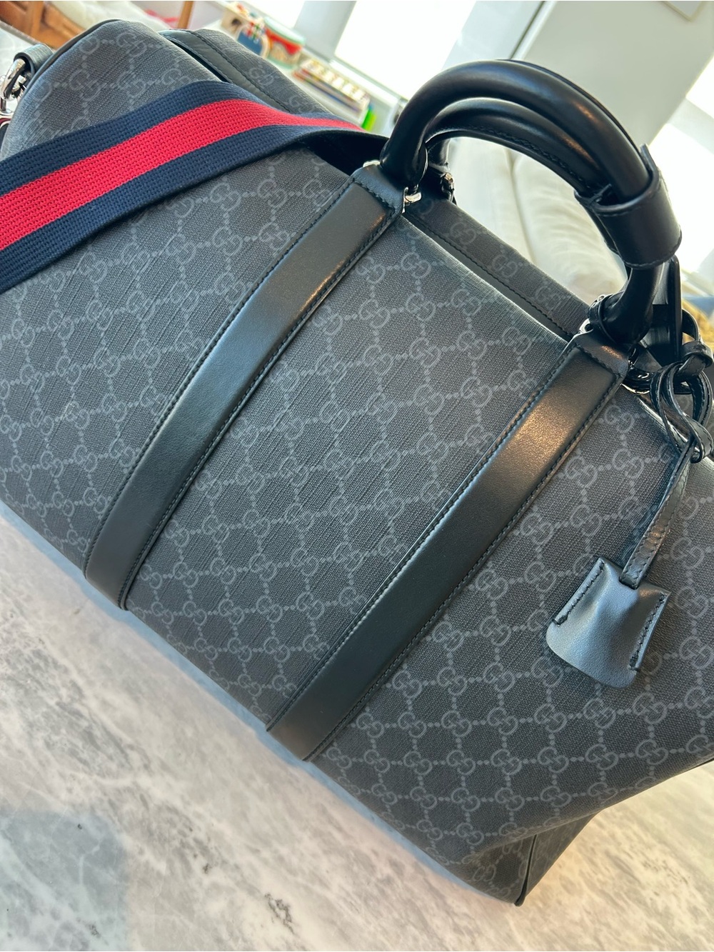 Gucci Black GG Supreme Duffel with Red and Navy Web Strap - Picture 9 of 15